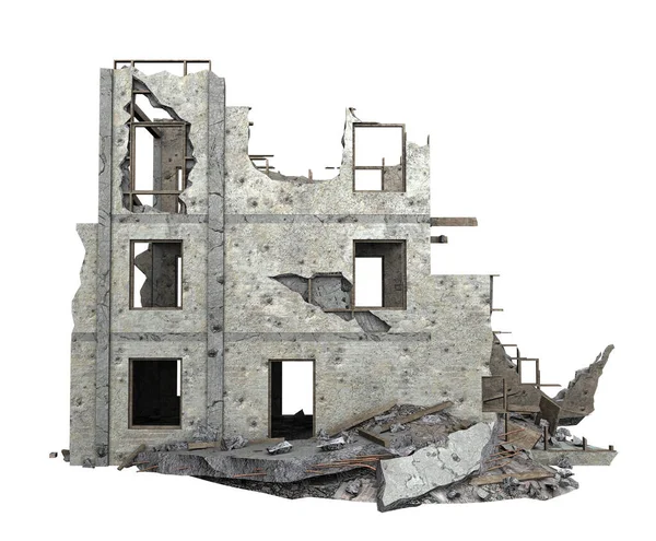 Zničená Malá Budova Izolovaná Bílém Vykreslování — Stock fotografie