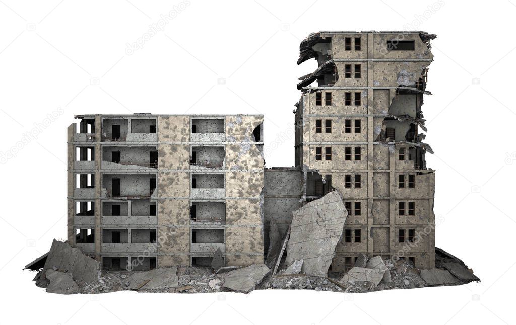 ruined low rise building isolated on white. 3d rendering