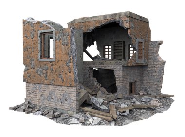 ruined small building isolated on white. 3d rendering clipart