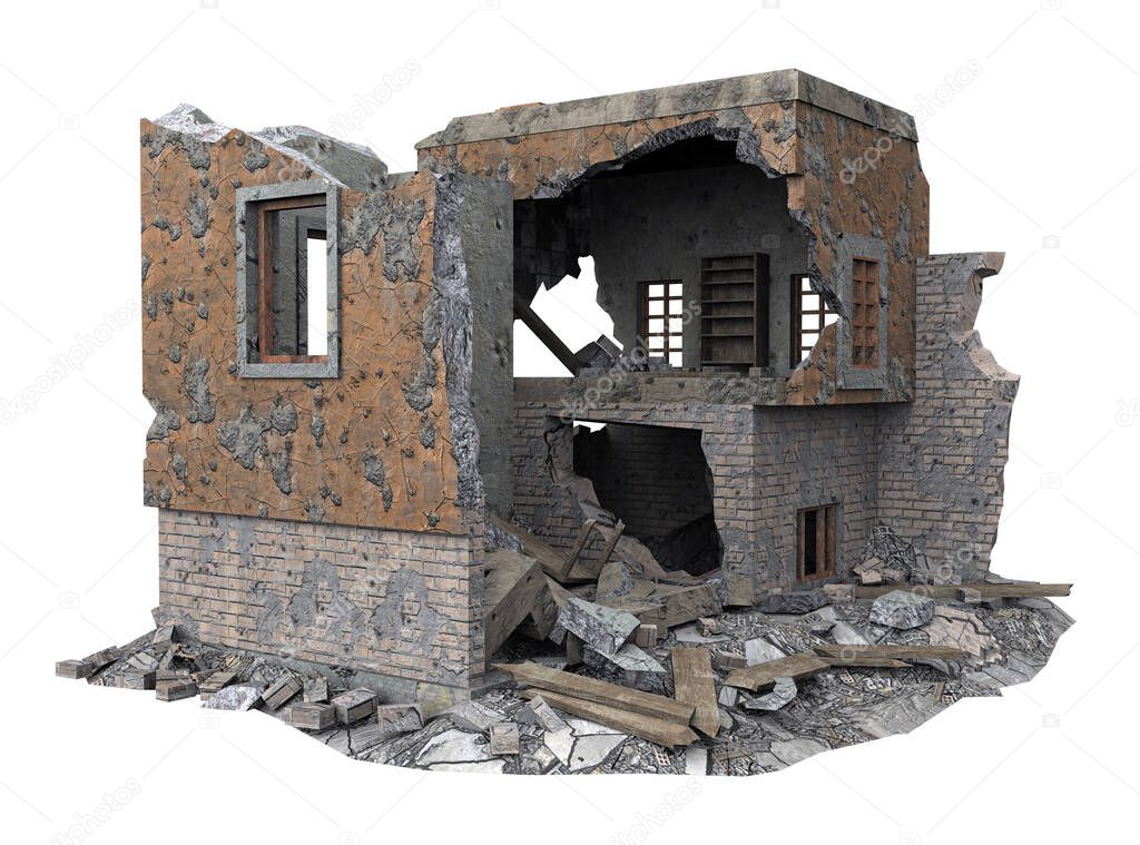 ruined small building isolated on white. 3d rendering