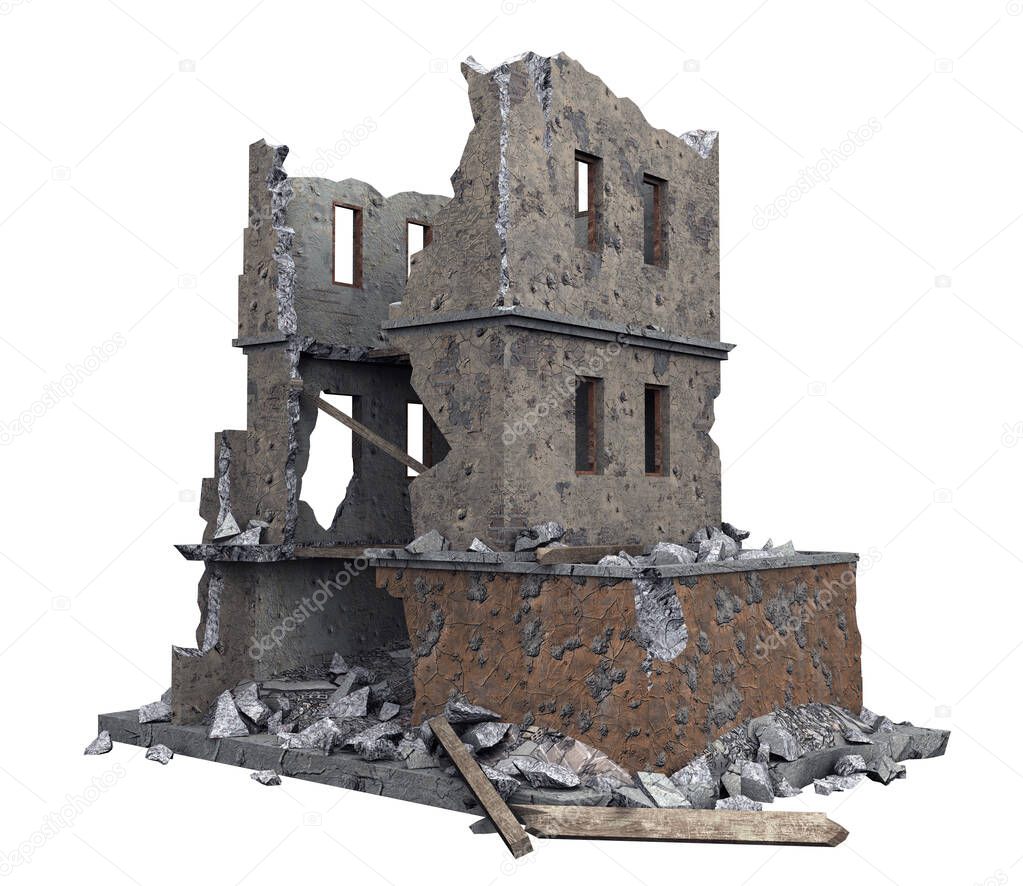 ruined small building isolated on white. 3d rendering