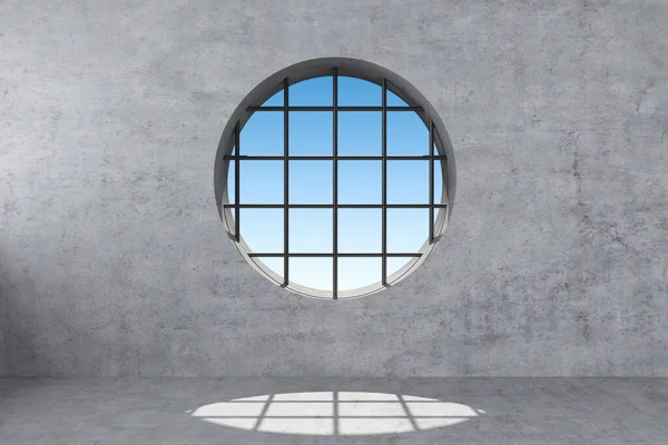 Beton duvar manzaralı yuvarlak pencere. 3d oluşturma