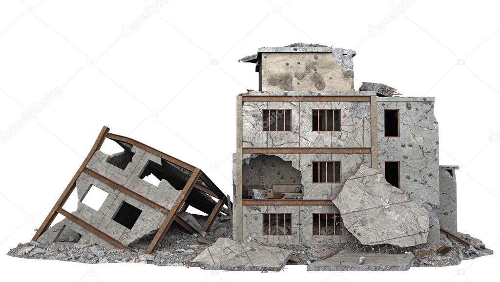 ruined small building isolated on white. 3d rendering