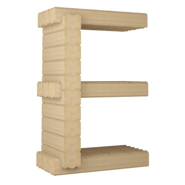 Kaplamalı kerestenin E harfi beyaza izole edilmiş. 3d oluşturma