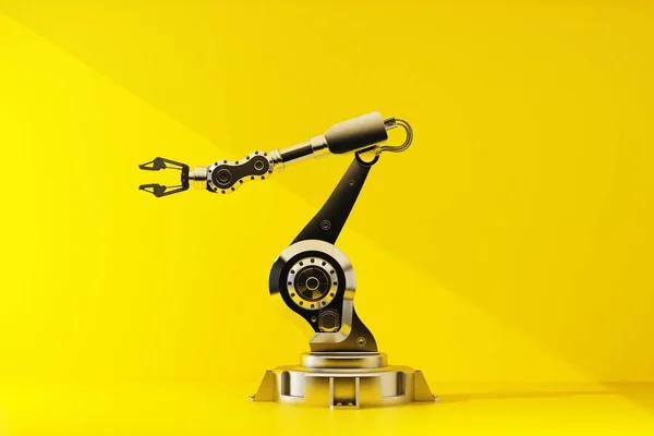 Metalen Robotarm Gele Achtergrond Destructie — Stockfoto