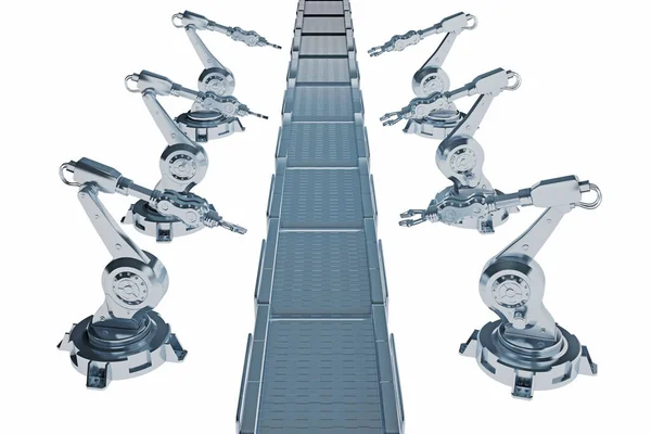 Rij Robotarmen Met Transportband Geïsoleerd Wit Destructie — Stockfoto