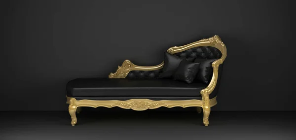 有金框的不对称豪华黑色沙发 3D渲染 — 图库照片
