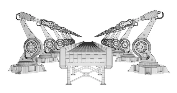 Rangée Bras Robotiques Armature Métallique Avec Bande Transporteuse Isolée Sur — Photo