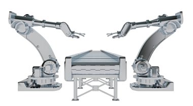 Taşıyıcı bantlı bir dizi robotik kol beyaza izole edilmiş. 3d oluşturma