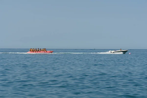  Dinlen. Muza binmek, bir grup insanın şişme botuna binmek. Soçi Temmuz 2019. Rusya.                              