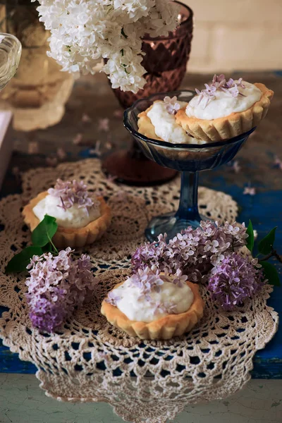 Lilac Cream Tarts Selective Zaměření Styl Vintage — Stock fotografie