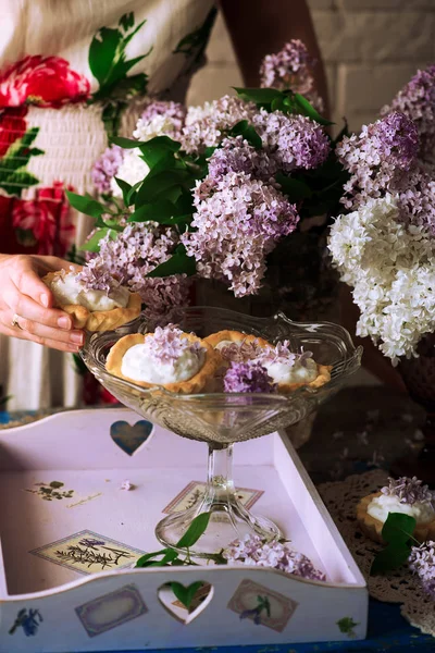 Lilac Cream Tarts Focus Selettivo Stile Vintage — Foto Stock