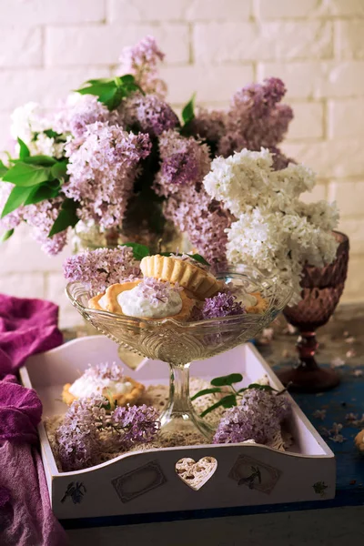 Lilac Cream Tarts Selective Zaměření Styl Vintage — Stock fotografie