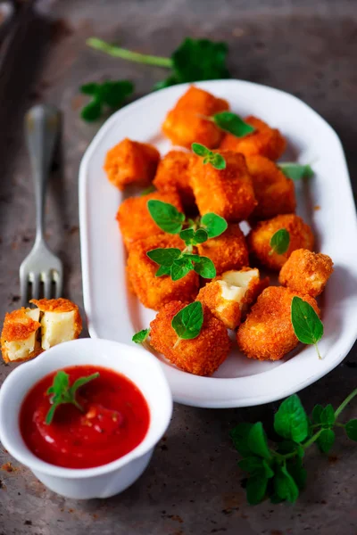 Nuggets Halloumi Avec Sauce Trempette Marinara Focus Sélectif — Photo