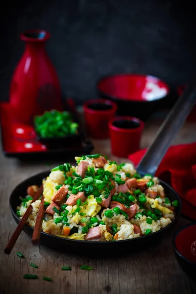 Hot Dog Fried Rice Recipe Skillet Selective Focus — Stock Photo, Image