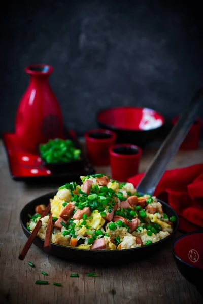 Hot Dog Fried Rice Recipe Skillet Selective Focus — Stock Photo, Image