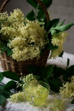 Bir cam fincan elderflower çay. seçici odak