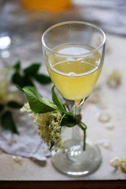 Elderflower bardakta beyaz şarap. - Evet. Klasik tarz. seçici odak