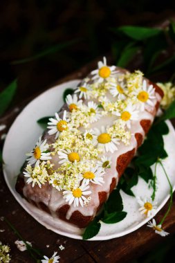 Vegan elderflower bal limon cake.rustic style.selective odak Çiseleme