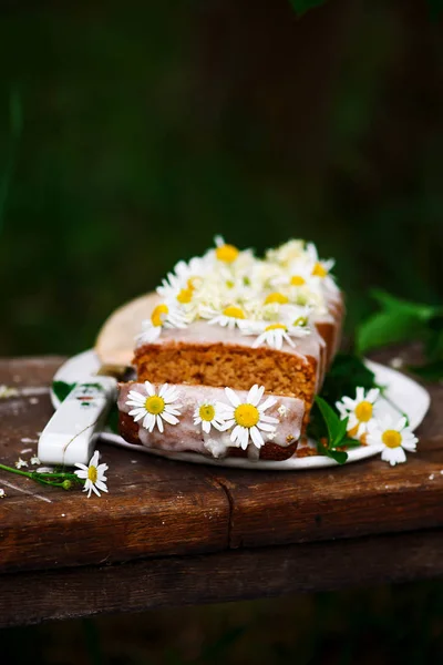 Vegan Elderflower Honey Lemon Drizzle Cake Rustic Style Selective Focus — Stock Photo, Image