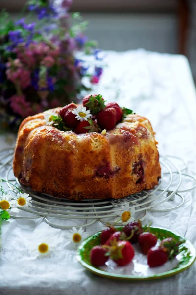 草莓大黄庞德蛋糕 复古风格 选择性对焦 — 图库照片