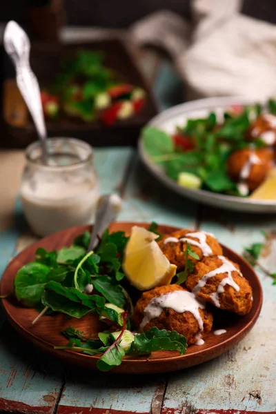 Beet Falafel Tahina Sauce Green Salad Selective Focus — Stock Photo, Image