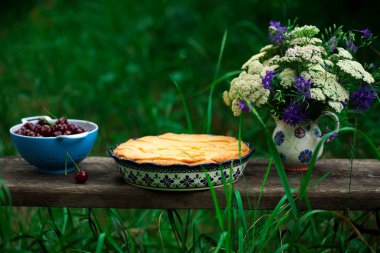 Kirazlı turta ile muhallebi bahçede. doğal lightselective odak