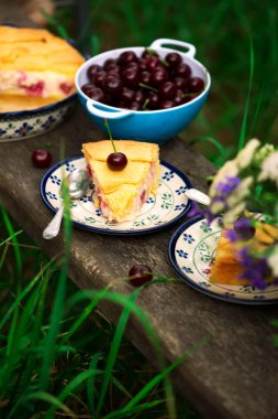 Kirazlı turta ile muhallebi bahçede. doğal lightselective odak