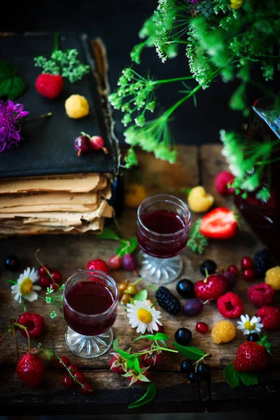 Mixed Berry Homemade Liquor Glasses Style Vintage Selective Focus — Stock Photo, Image