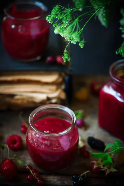 Mixed Berry Curd Glass Jar Style Rustic Selective Focus — Stock Photo, Image