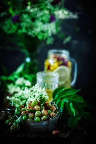 Färska Ekologiska Krusbär Metalic Bowl Selective Fokus — Stockfoto