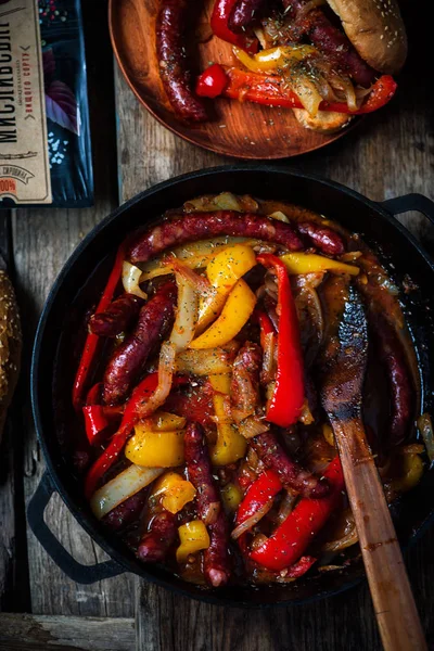 Sausage Peppers Onions Iron Pan Selective Focus — Stock Photo, Image