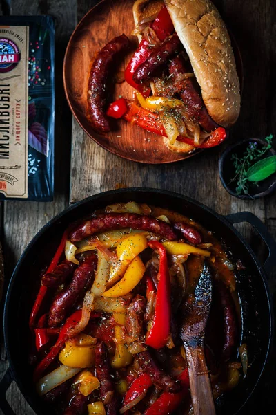 Sausage Peppers Onions Iron Pan Selective Focus — Stock Photo, Image