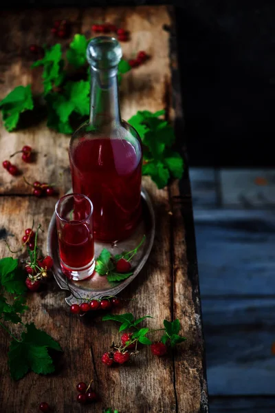 Czerwona Porzeczka Domu Alkohol Okularach Styl Vintage Selektywny Fokus — Zdjęcie stockowe