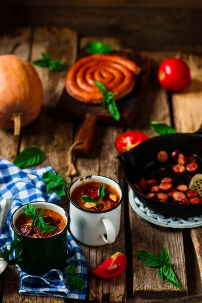 Sopa Calabaza Chorizo Style Rustic Selective Focus — Foto de Stock
