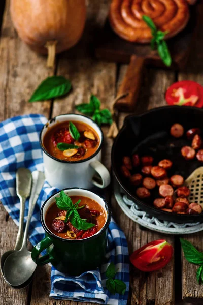 Soupe Citrouille Chorizo Style Rustic Selective Focus — Photo