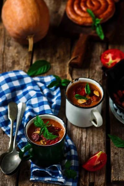 Kürbis Und Chorizo Suppe Style Rustic Selektiver Fokus — Stockfoto