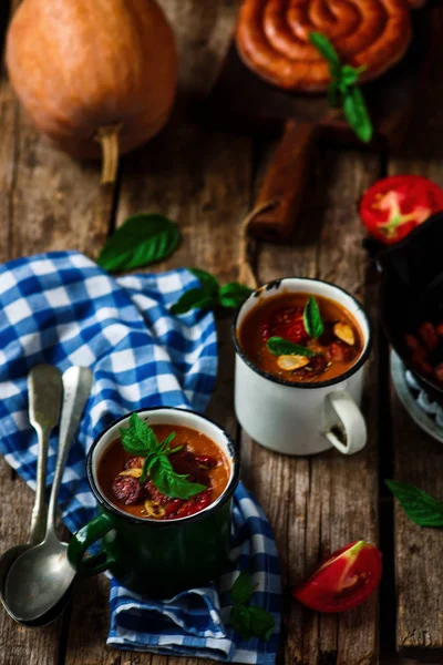 Soupe Citrouille Chorizo Style Rustic Selective Focus — Photo