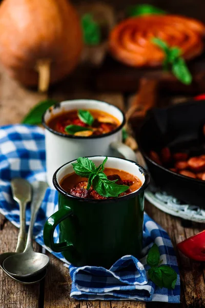 Soep Van Pompoen Chorizo Stijl Rustic Selective Focus — Stockfoto