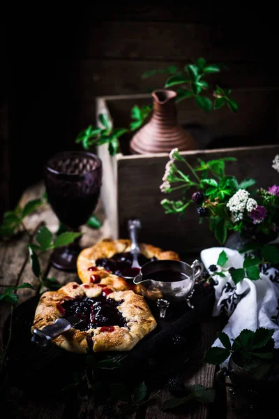 Blackberry Galette Red Wine Sauce Style Rustic Selective Focus — Stock Photo, Image