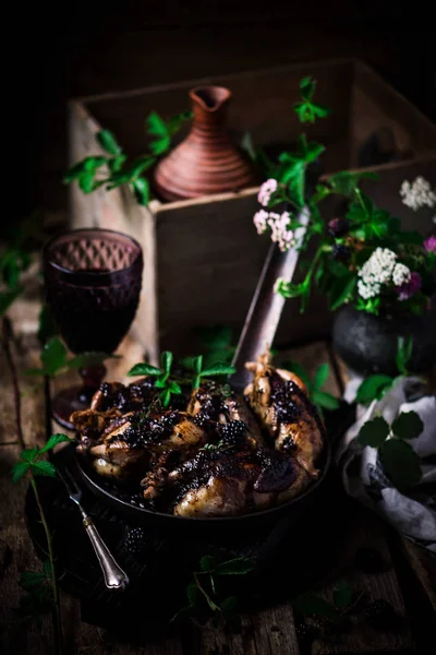 Quail Blackberry Sauce Style Rustic Selective Focus — Stock Photo, Image