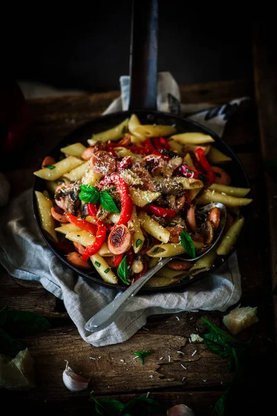 Smoked Sausage Penne Pasta Style Rustic Selective Focus — Stock Photo, Image