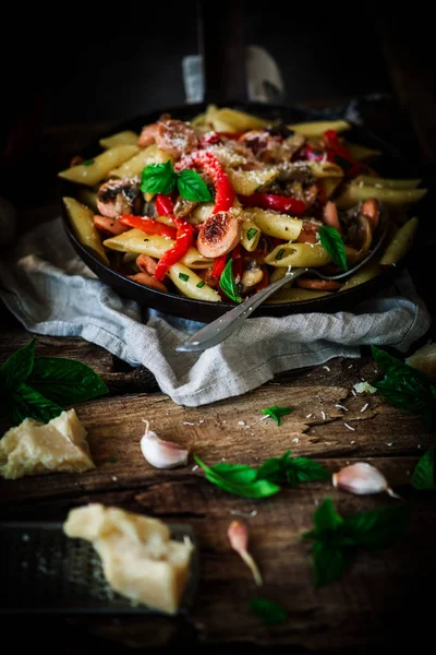 Smoked Sausage Penne Pasta Style Rustic Selective Focus — Stock Photo, Image