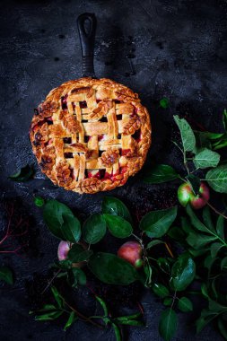 Pasta elma ve siyah elderberries ile. . Karanlık rustik photo.selective odak