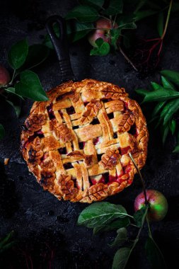 Pasta elma ve siyah elderberries ile. . Karanlık rustik photo.selective odak