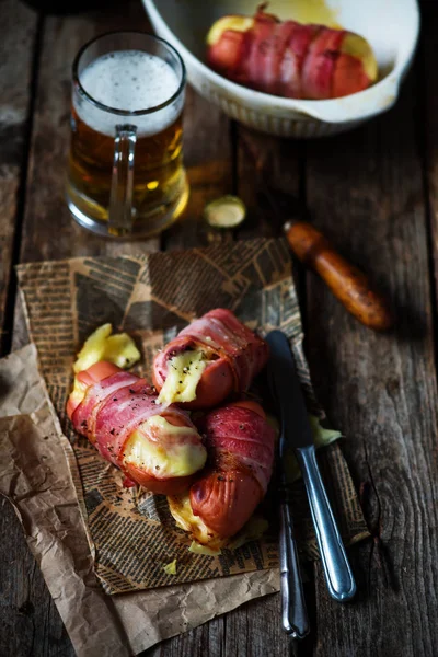 Sausages Baked Cheese Bacon Selective Focus — Stock Photo, Image