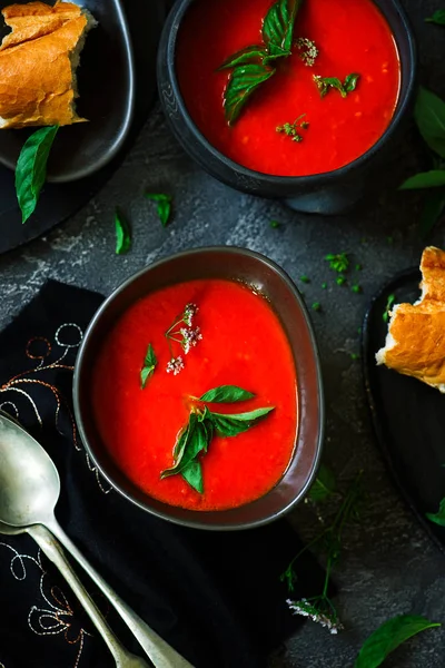 Roasted pepper and tomato soup vegan..style rustic.selective focus