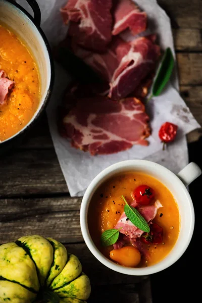 Pumpkin Roasted Soup Style Rustic Selective Focus — стоковое фото