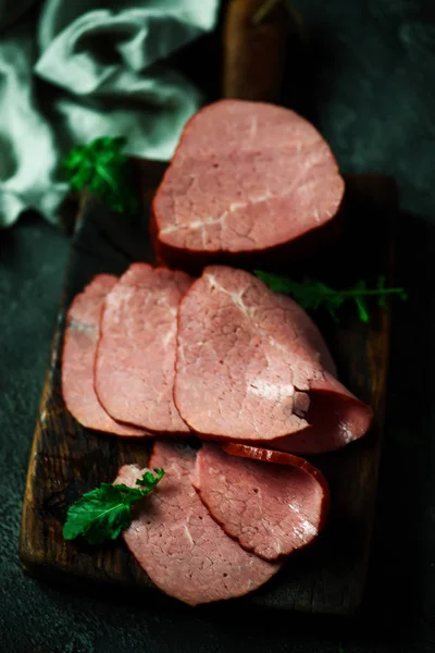 Cut Smoked Beef Chopping Board Style Rustic Selective Focus — Stock Photo, Image