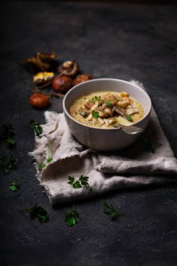 bacon.style vintage.selective odak ile yabani mantar çorbası